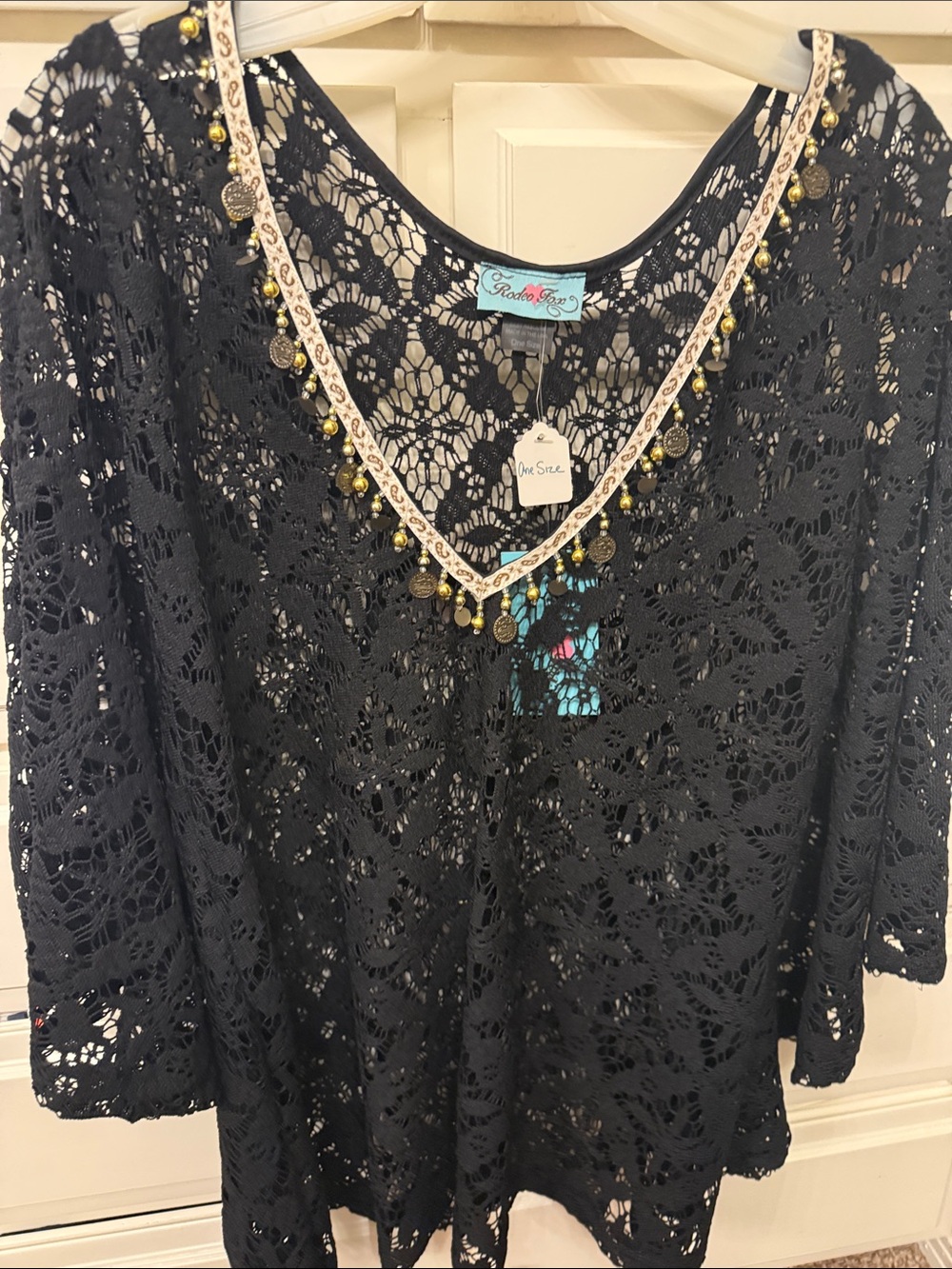 NWT Rodeo Fox Black Crochet Tunic with Beaded Coin Trim. One size